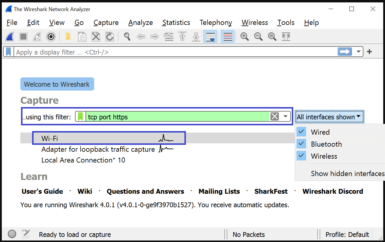 wireshark live capture filter and interface selection